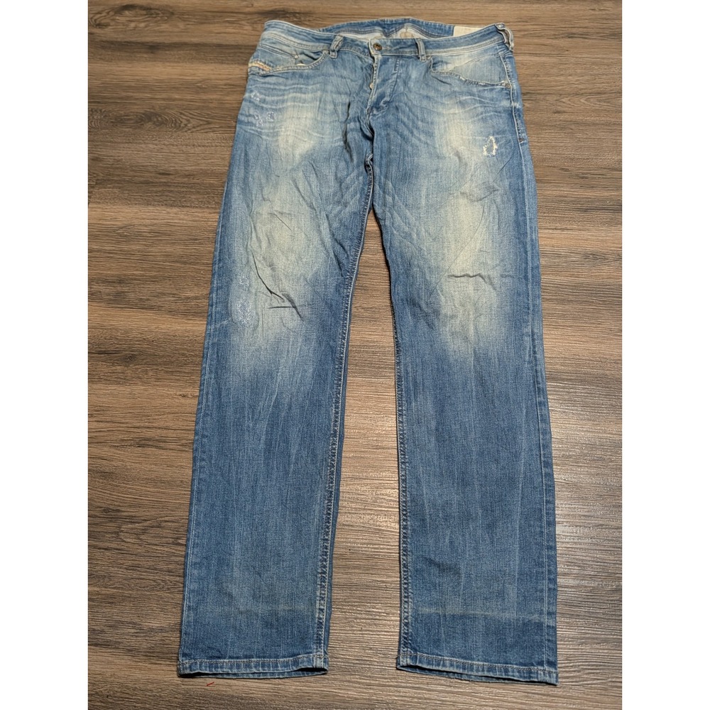 Diesel Belther Tapered Jeans Mens 34 Light Wash Distressed Blue Denim READ
